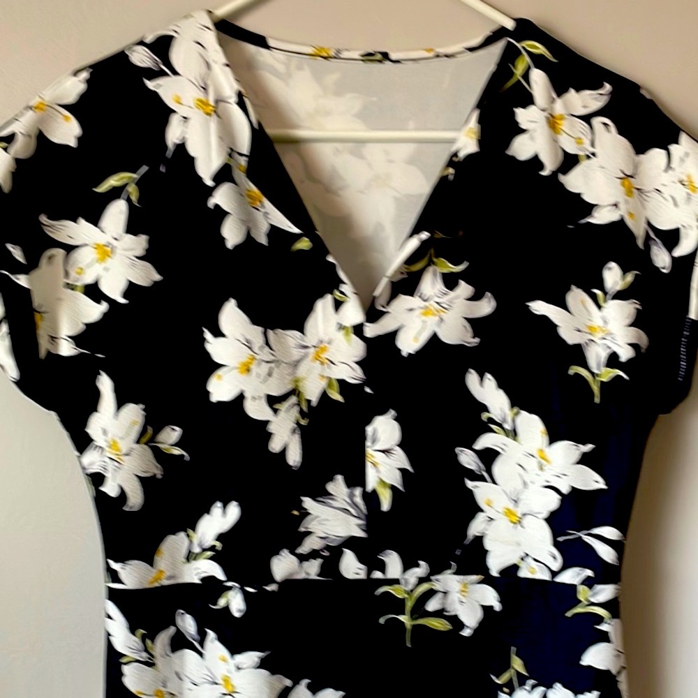 Black and White V-Neck Midi Dress with Short Sleeves - Picture 2 of 3